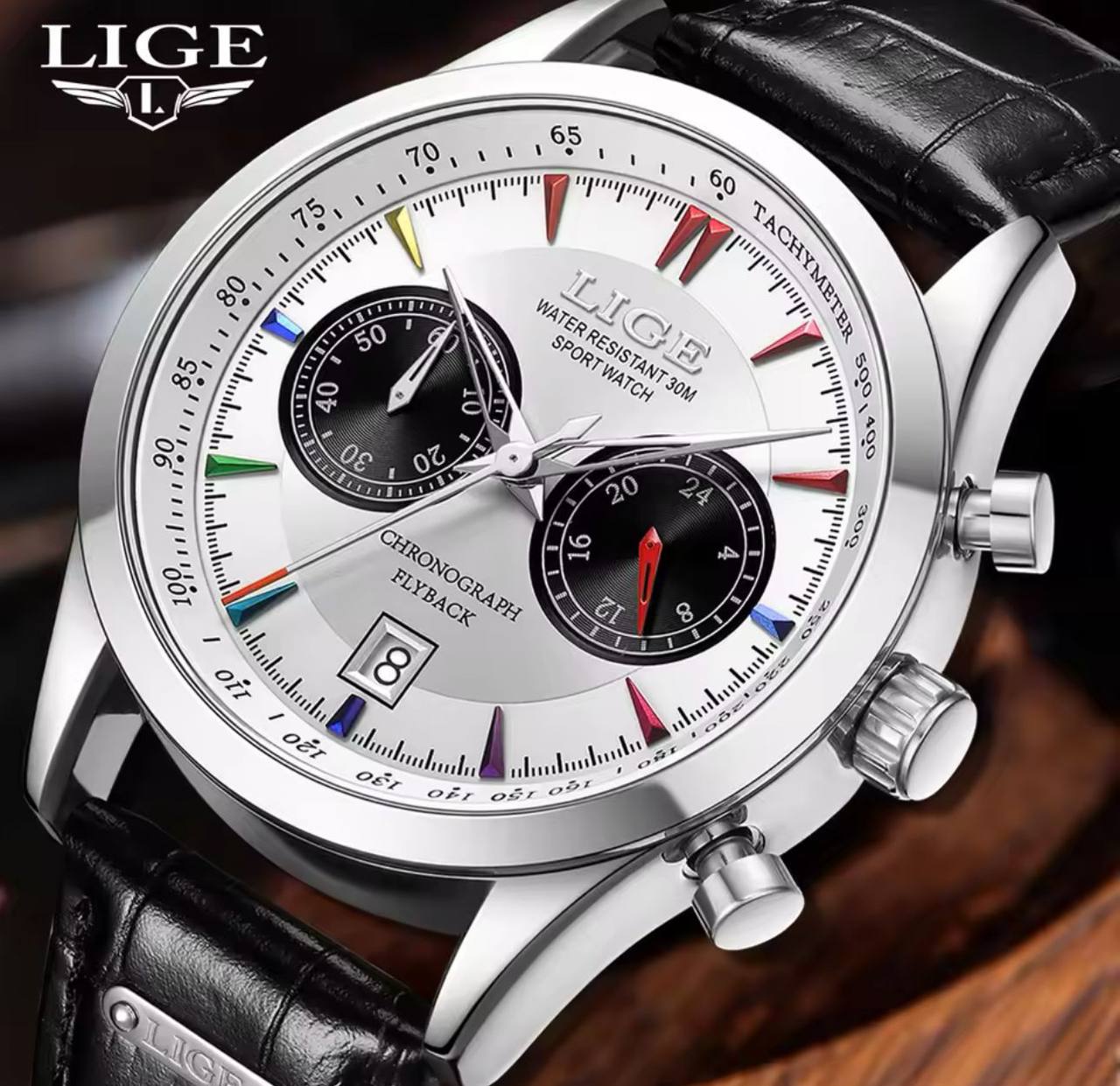 LIGE LG89128B CHRONOGRAPH DATE DISPLAY WATER RESISTANT 50 ATM LEATHER STRAP LUMINOUS FUNCTION ENGRAVING SERVICES ENQUIRIES