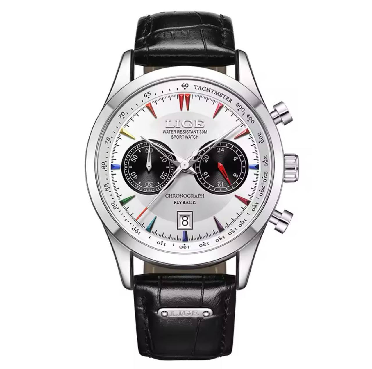 LIGE LG89128B CHRONOGRAPH DATE DISPLAY WATER RESISTANT 50 ATM LEATHER STRAP LUMINOUS FUNCTION ENGRAVING SERVICES ENQUIRIES