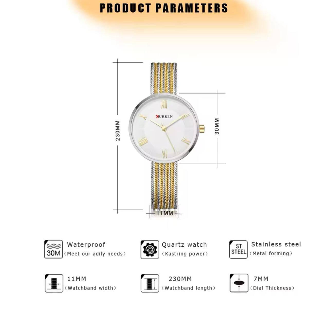 CURREN LADIES #9020 GOLD BLACKTWO TONE WHITE WATER RESISTANT BATTERY POWERED CURREN BRANDED BOX ENQUIRIES