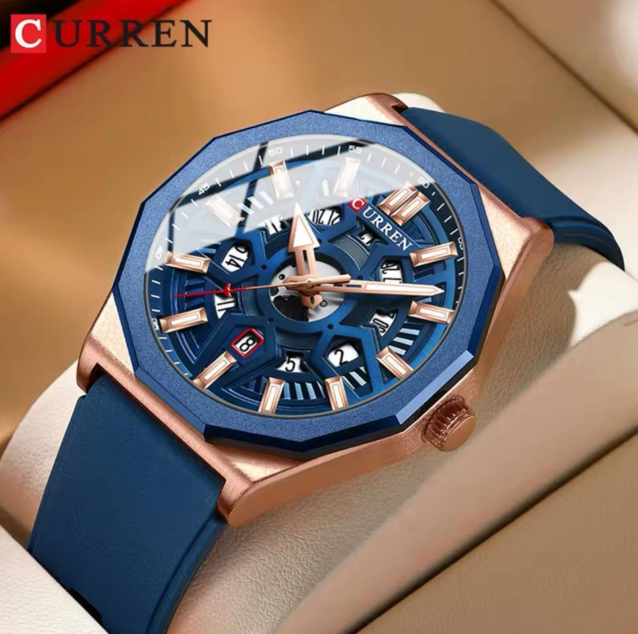 CURREN GENTS #8437 WATER RESISTANT BATTERY POWERED DATE DISPLAY LUMINOUS RUBBER STRAP CURREN BRANDED BOX @ ENQUIRIES
