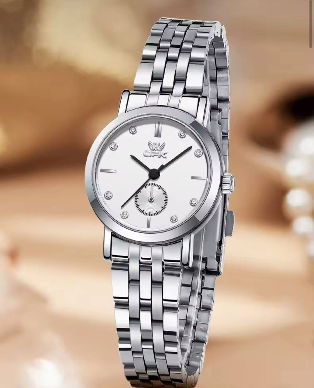 OPK LADIES WATCH #6034 UNIQUE SECOND ARM STAINLESS STEEL BATTERY POWERED WATER RESISTANT ENGRAVING SERVICES ENQUIRIES