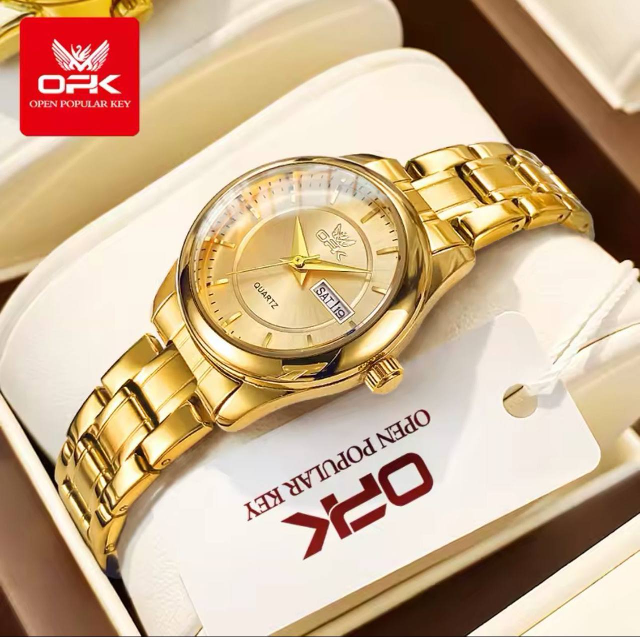 OPK COUPLE WATCH #6022 /= /= A PAIR DATE & DAY DISPLAY STAINLESS STEEL BATTERY POWERED WATER RESISTANT ENGRAVING SERVICES ENQUIRIES