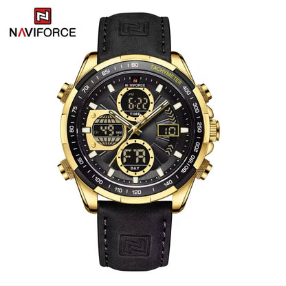 NAVIFORCE MEN #NF9197 LEATHER 3 COLOURS DUAL TIME DISPLAY LEATHER STRAP WATER RESISTANT LUMINOUS HANDS BATTERY POWERED ENGRAVING SERVICES FROM ENQUIRIES