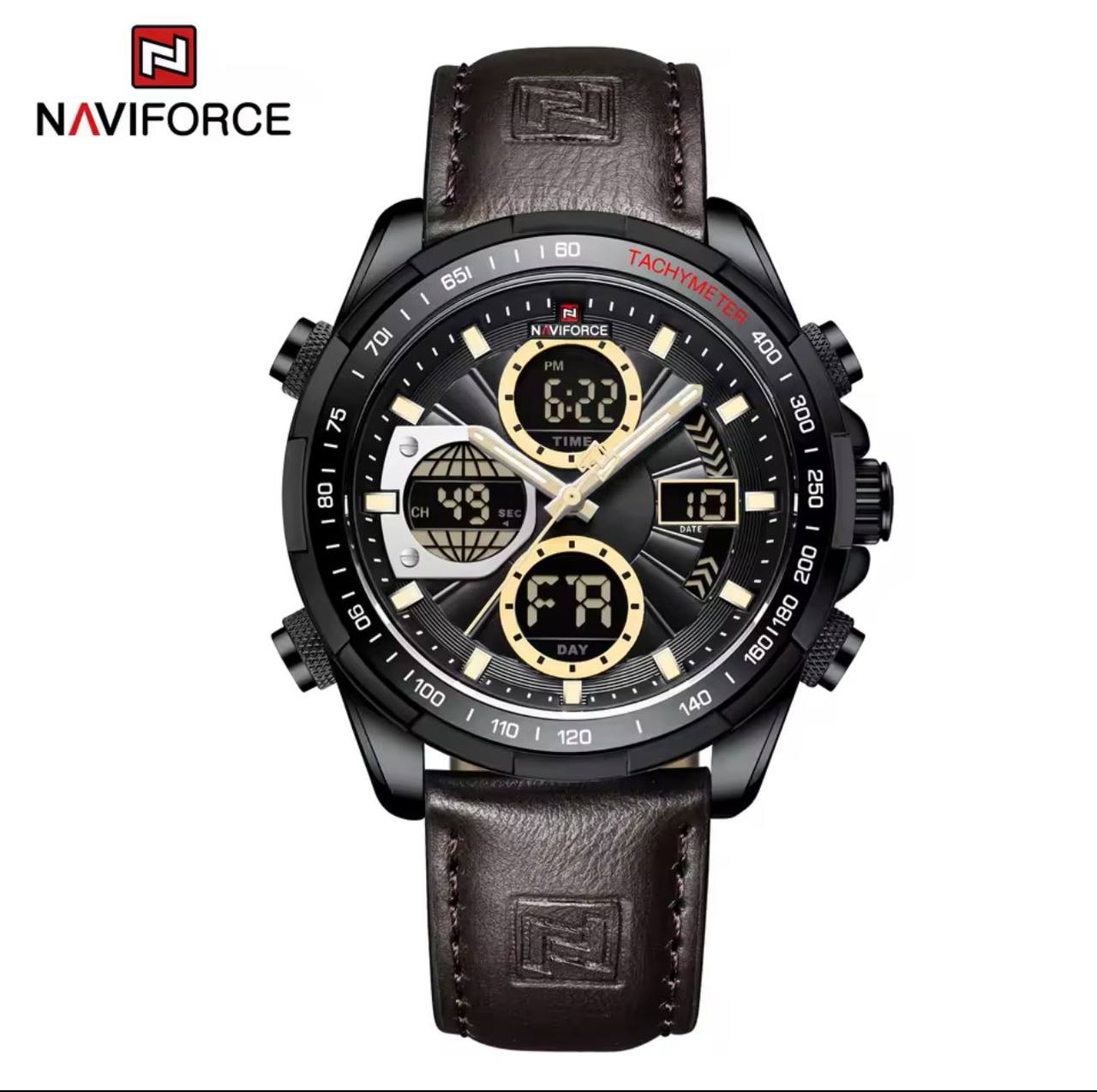 NAVIFORCE MEN #NF9197 LEATHER 3 COLOURS DUAL TIME DISPLAY LEATHER STRAP WATER RESISTANT LUMINOUS HANDS BATTERY POWERED ENGRAVING SERVICES FROM ENQUIRIES
