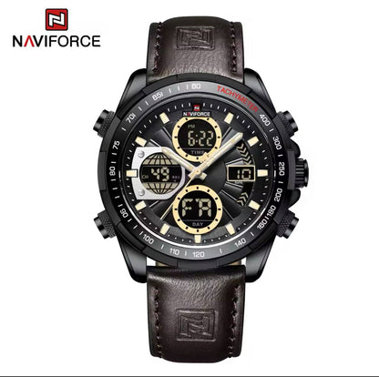 NAVIFORCE MEN #NF9197 LEATHER 3 COLOURS DUAL TIME DISPLAY LEATHER STRAP WATER RESISTANT LUMINOUS HANDS BATTERY POWERED ENGRAVING SERVICES FROM ENQUIRIES