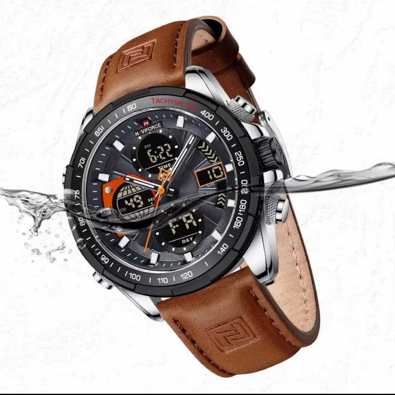 NAVIFORCE MEN #NF9197 LEATHER 3 COLOURS DUAL TIME DISPLAY LEATHER STRAP WATER RESISTANT LUMINOUS HANDS BATTERY POWERED ENGRAVING SERVICES FROM ENQUIRIES