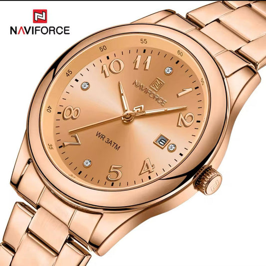 NAVIFORCE LADIES #NF5059 STAINLESS STEEL WATER RESISTANT BATTERY POWERED QUARTZ CALENDER 5 COLOR OPTIONS ENGRAVING SERVICES ENQUIRIES