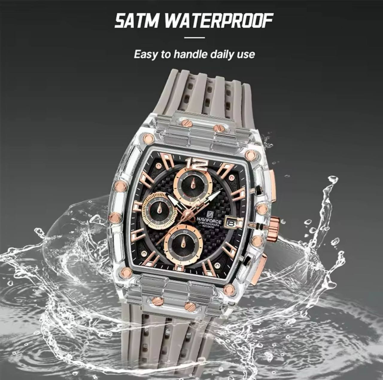 NAVIFORCE NF7105 7 COLOURS CHRONOGRAPH TRANSPARENT DESIGN WATERPROOF SILICON STRAP DATE DISPLAY ENGRAVING FROM & ENQUIRIES