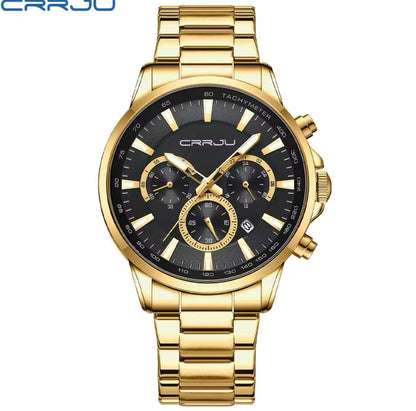 ARRIVALS CRRJU CHRONOGRAPH GENTS WATCH DATE DISPLAY WATER RESISTANT STAINLESS STEEL BATTERY POWERED ⃣2 COLOR OPTIONS ENGRAVING SERVICES ENQUIRIES