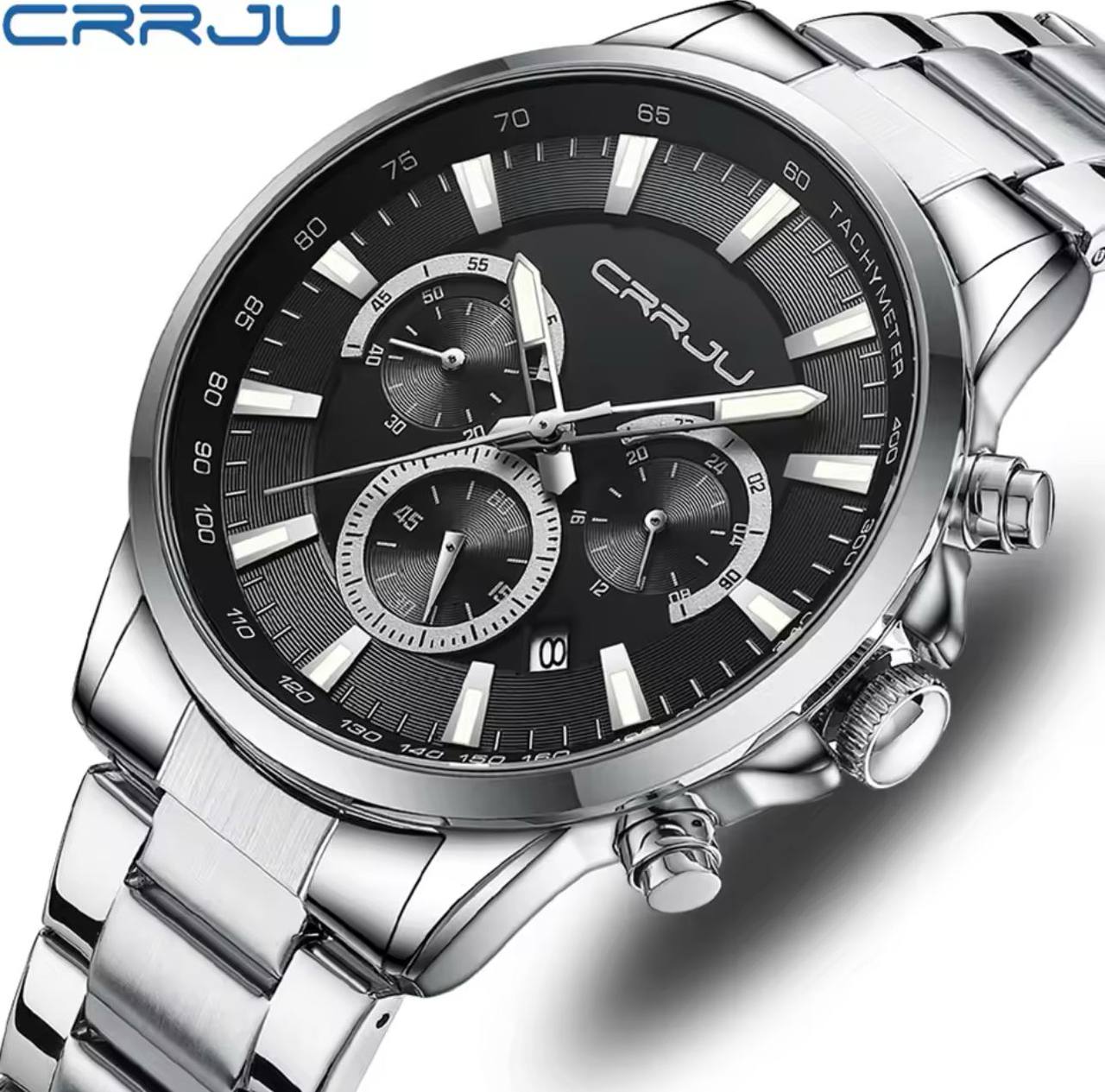 ARRIVALS CRRJU CHRONOGRAPH GENTS WATCH DATE DISPLAY WATER RESISTANT STAINLESS STEEL BATTERY POWERED ⃣2 COLOR OPTIONS ENGRAVING SERVICES ENQUIRIES