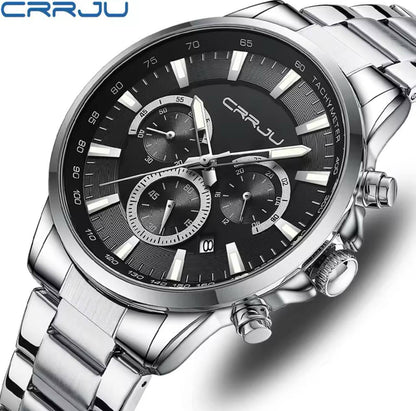 ARRIVALS CRRJU CHRONOGRAPH GENTS WATCH DATE DISPLAY WATER RESISTANT STAINLESS STEEL BATTERY POWERED ⃣2 COLOR OPTIONS ENGRAVING SERVICES ENQUIRIES