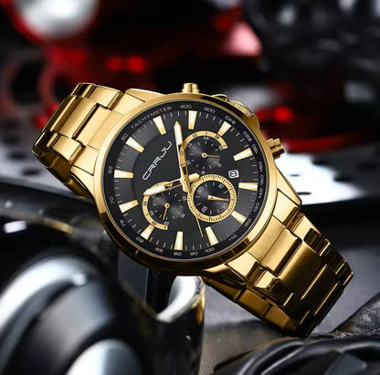 ARRIVALS CRRJU CHRONOGRAPH GENTS WATCH DATE DISPLAY WATER RESISTANT STAINLESS STEEL BATTERY POWERED ⃣2 COLOR OPTIONS ENGRAVING SERVICES ENQUIRIES