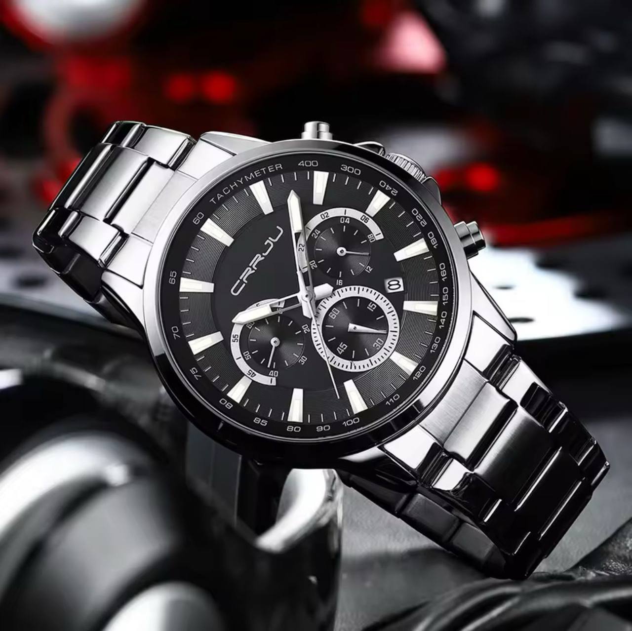 ARRIVALS CRRJU CHRONOGRAPH GENTS WATCH DATE DISPLAY WATER RESISTANT STAINLESS STEEL BATTERY POWERED ⃣2 COLOR OPTIONS ENGRAVING SERVICES ENQUIRIES