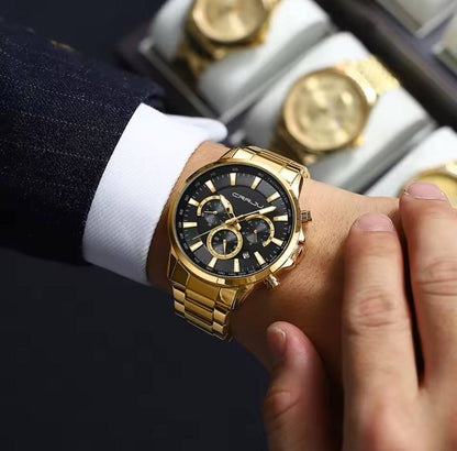 ARRIVALS CRRJU CHRONOGRAPH GENTS WATCH DATE DISPLAY WATER RESISTANT STAINLESS STEEL BATTERY POWERED ⃣2 COLOR OPTIONS ENGRAVING SERVICES ENQUIRIES