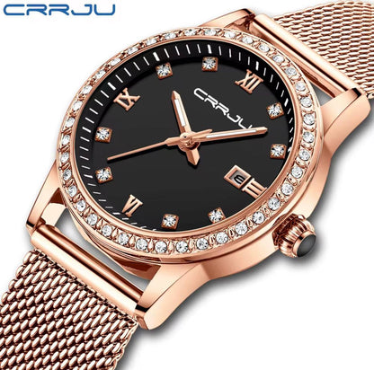CRRJU LADIES WATCH 2 COLOURS DATE DISPLAY ADJUSTABLE MESH STRAP WATER RESISTANT BATTERY POWERED ENGRAVING