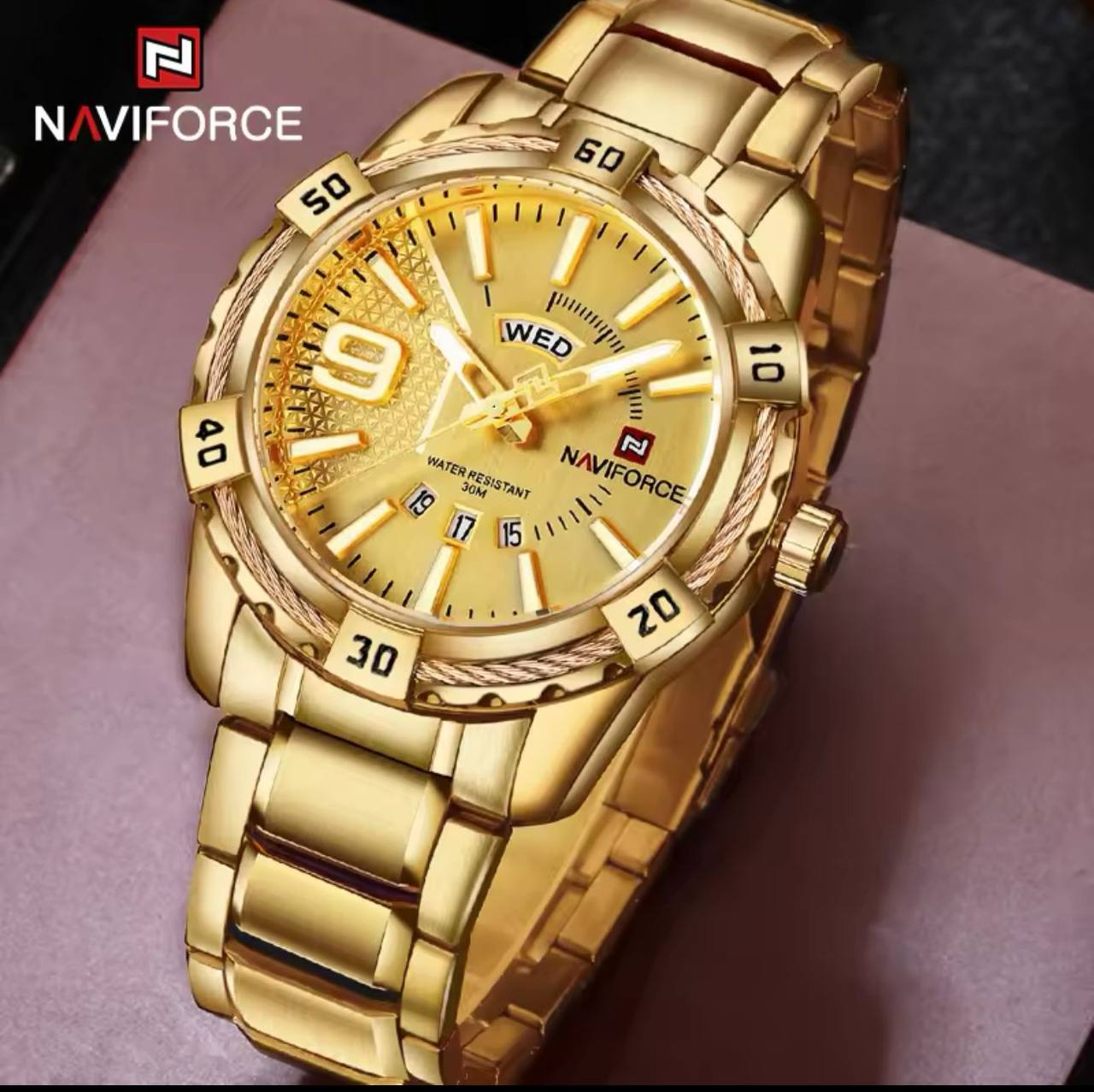 NAVIFORCE GENTS WATCH #NF 9117 DAY AND DATE DISPLAY STAINLESS STEEL FINISH WATER RESISTANT BATTERY POWERED GOLD BLACK ENGRAVING SERVICES ENQUIRIES