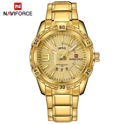 NAVIFORCE GENTS WATCH #NF 9117 DAY AND DATE DISPLAY STAINLESS STEEL FINISH WATER RESISTANT BATTERY POWERED GOLD BLACK ENGRAVING SERVICES ENQUIRIES