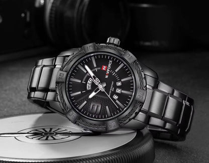 NAVIFORCE GENTS WATCH #NF 9117 DAY AND DATE DISPLAY STAINLESS STEEL FINISH WATER RESISTANT BATTERY POWERED GOLD BLACK ENGRAVING SERVICES ENQUIRIES