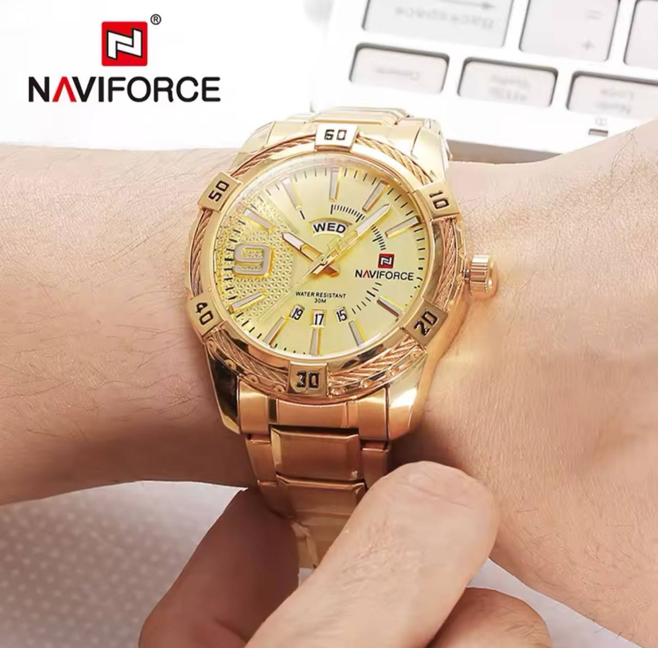 NAVIFORCE GENTS WATCH #NF 9117 DAY AND DATE DISPLAY STAINLESS STEEL FINISH WATER RESISTANT BATTERY POWERED GOLD BLACK ENGRAVING SERVICES ENQUIRIES