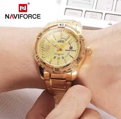 NAVIFORCE GENTS WATCH #NF 9117 DAY AND DATE DISPLAY STAINLESS STEEL FINISH WATER RESISTANT BATTERY POWERED GOLD BLACK ENGRAVING SERVICES ENQUIRIES