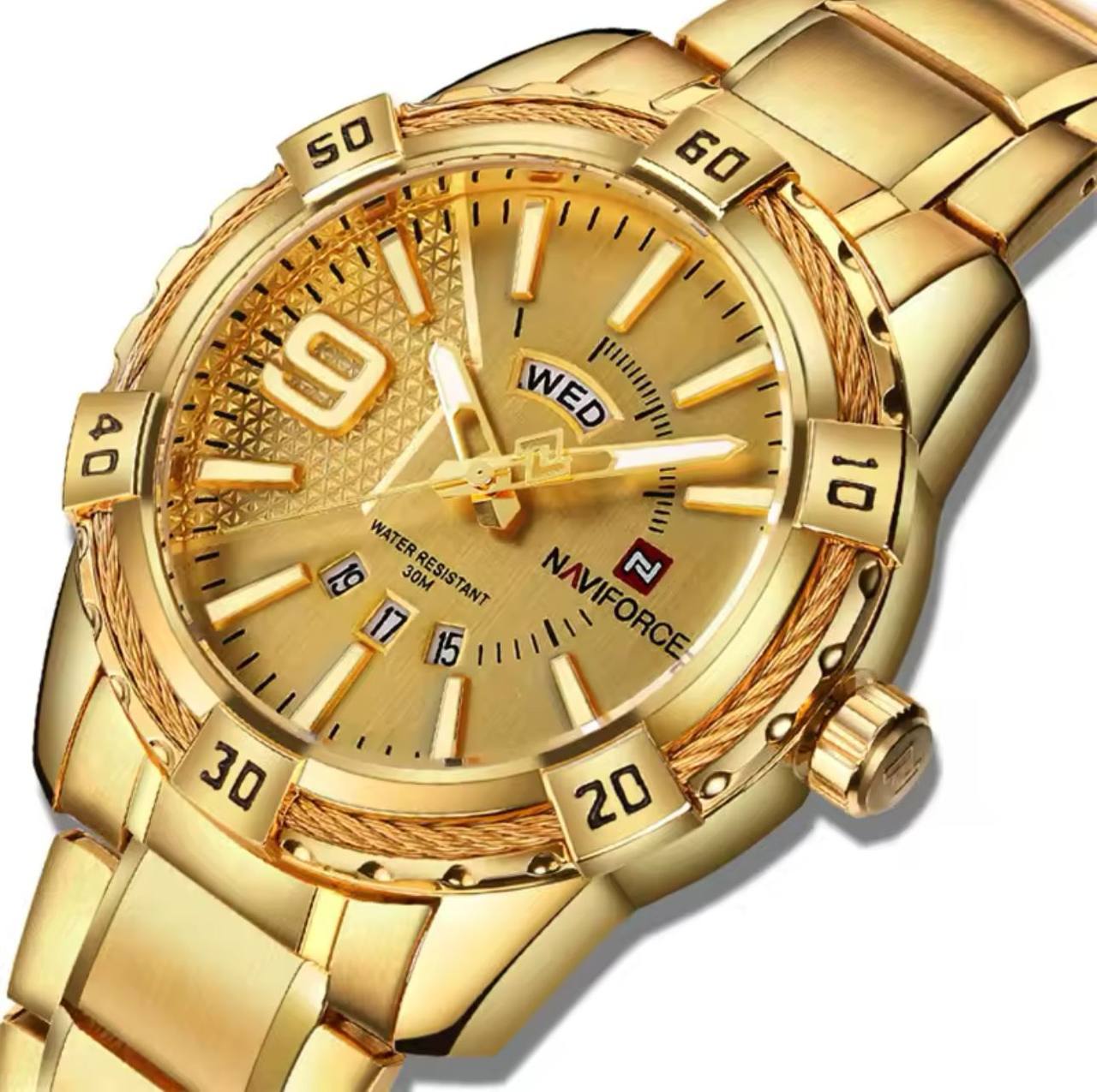 NAVIFORCE GENTS WATCH #NF 9117 DAY AND DATE DISPLAY STAINLESS STEEL FINISH WATER RESISTANT BATTERY POWERED GOLD BLACK ENGRAVING SERVICES ENQUIRIES