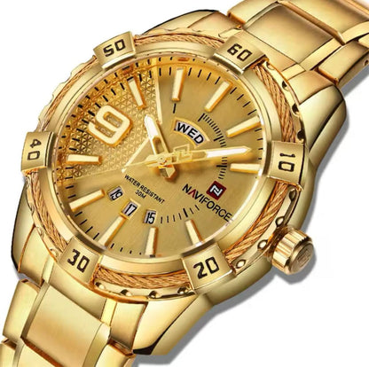 NAVIFORCE GENTS WATCH #NF 9117 DAY AND DATE DISPLAY STAINLESS STEEL FINISH WATER RESISTANT BATTERY POWERED GOLD BLACK ENGRAVING SERVICES ENQUIRIES