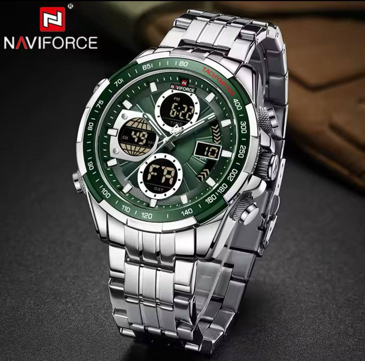 NAVIFORCE GENTS WATCH #NF 9197 ANALOGUE & DIGITAL DISPLAY LIGHT BUTTON WATER RESISTANT BATTERY POWERED GOLD SILVER ENGRAVING SERVICES ENQUIRIES