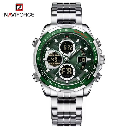 NAVIFORCE GENTS WATCH #NF 9197 ANALOGUE & DIGITAL DISPLAY LIGHT BUTTON WATER RESISTANT BATTERY POWERED GOLD SILVER ENGRAVING SERVICES ENQUIRIES