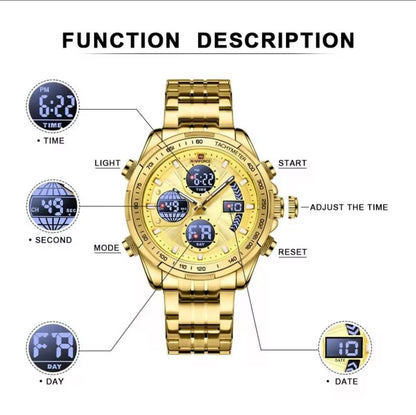 NAVIFORCE GENTS WATCH #NF 9197 ANALOGUE & DIGITAL DISPLAY LIGHT BUTTON WATER RESISTANT BATTERY POWERED GOLD SILVER ENGRAVING SERVICES ENQUIRIES