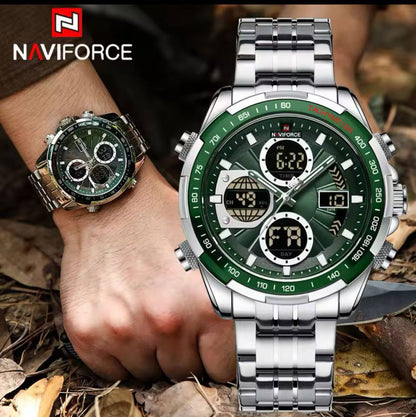 NAVIFORCE GENTS WATCH #NF 9197 ANALOGUE & DIGITAL DISPLAY LIGHT BUTTON WATER RESISTANT BATTERY POWERED GOLD SILVER ENGRAVING SERVICES ENQUIRIES