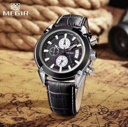 MEGIR CHRONOGRAPH GENTS WATCH BLACK BROWN CHRONOGRAPH MOVEMENT DATE DISPLAY LEATHER STRAP BATTERY POWERED WATER RESISTANT ENGRAVING SERVICES /ENQUIRIES
