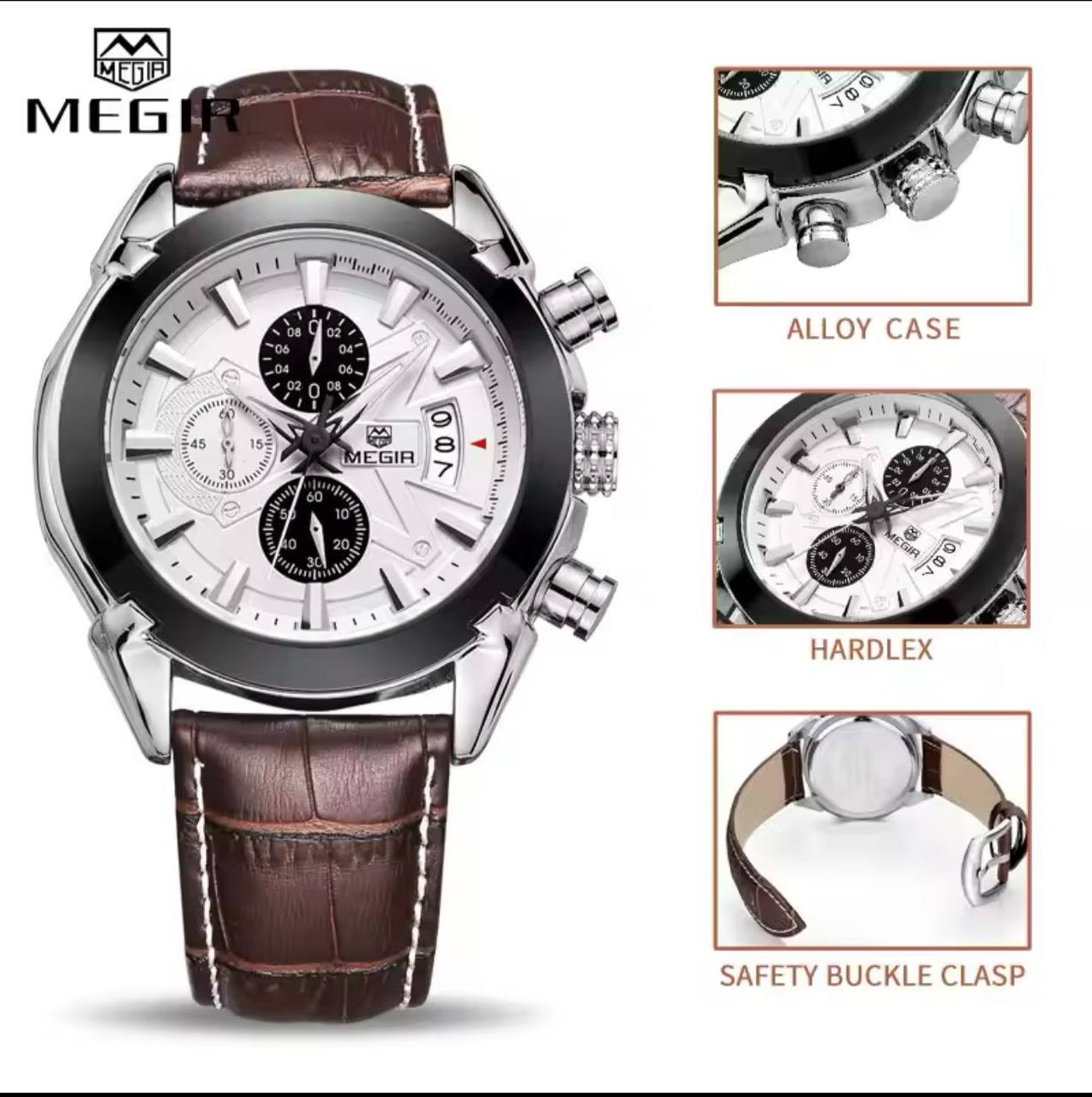 MEGIR CHRONOGRAPH GENTS WATCH BLACK BROWN CHRONOGRAPH MOVEMENT DATE DISPLAY LEATHER STRAP BATTERY POWERED WATER RESISTANT ENGRAVING SERVICES /ENQUIRIES