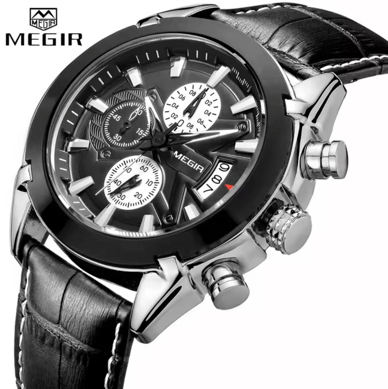 MEGIR CHRONOGRAPH GENTS WATCH BLACK BROWN CHRONOGRAPH MOVEMENT DATE DISPLAY LEATHER STRAP BATTERY POWERED WATER RESISTANT ENGRAVING SERVICES /ENQUIRIES