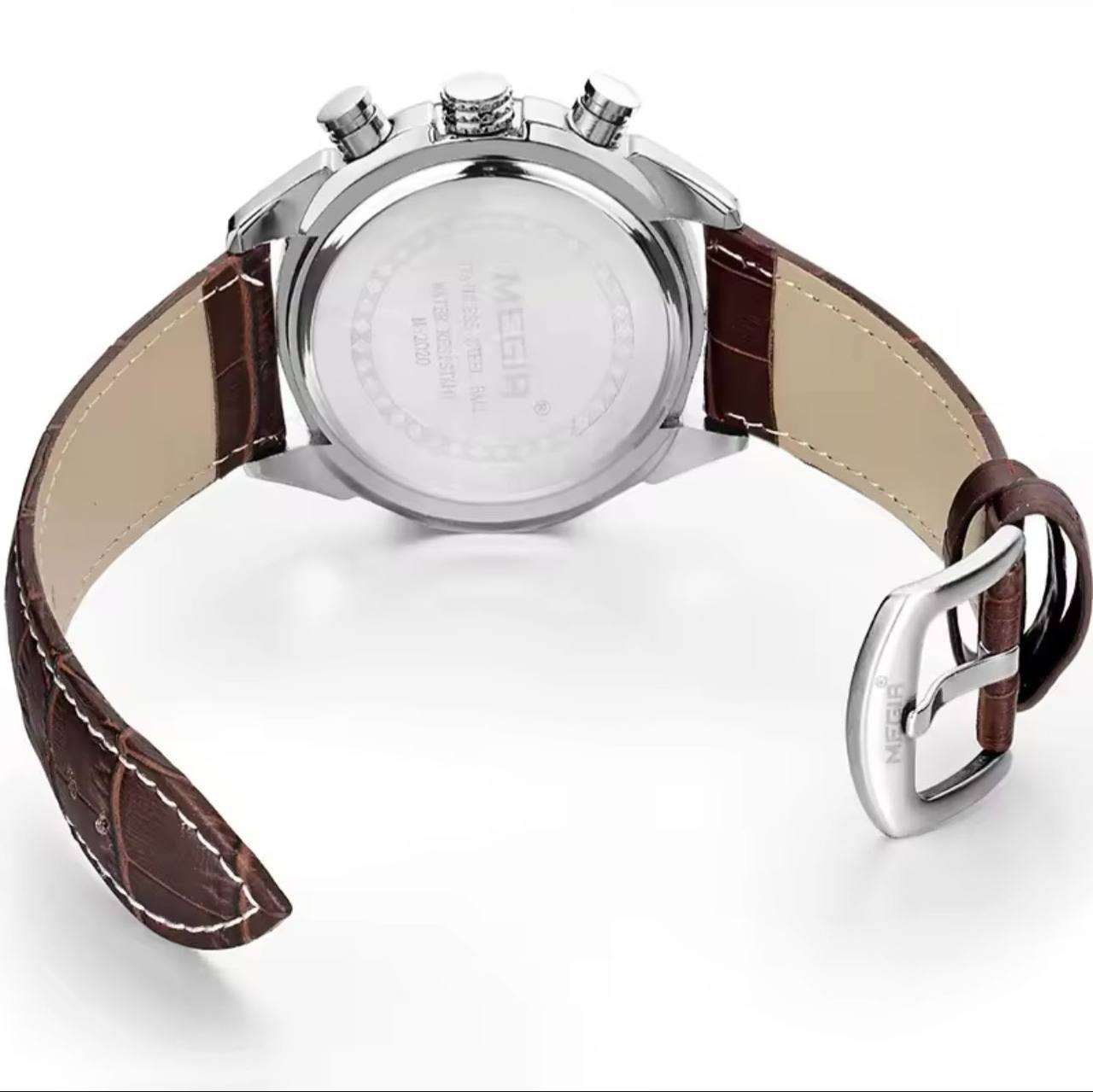 MEGIR CHRONOGRAPH GENTS WATCH BLACK BROWN CHRONOGRAPH MOVEMENT DATE DISPLAY LEATHER STRAP BATTERY POWERED WATER RESISTANT ENGRAVING SERVICES /ENQUIRIES