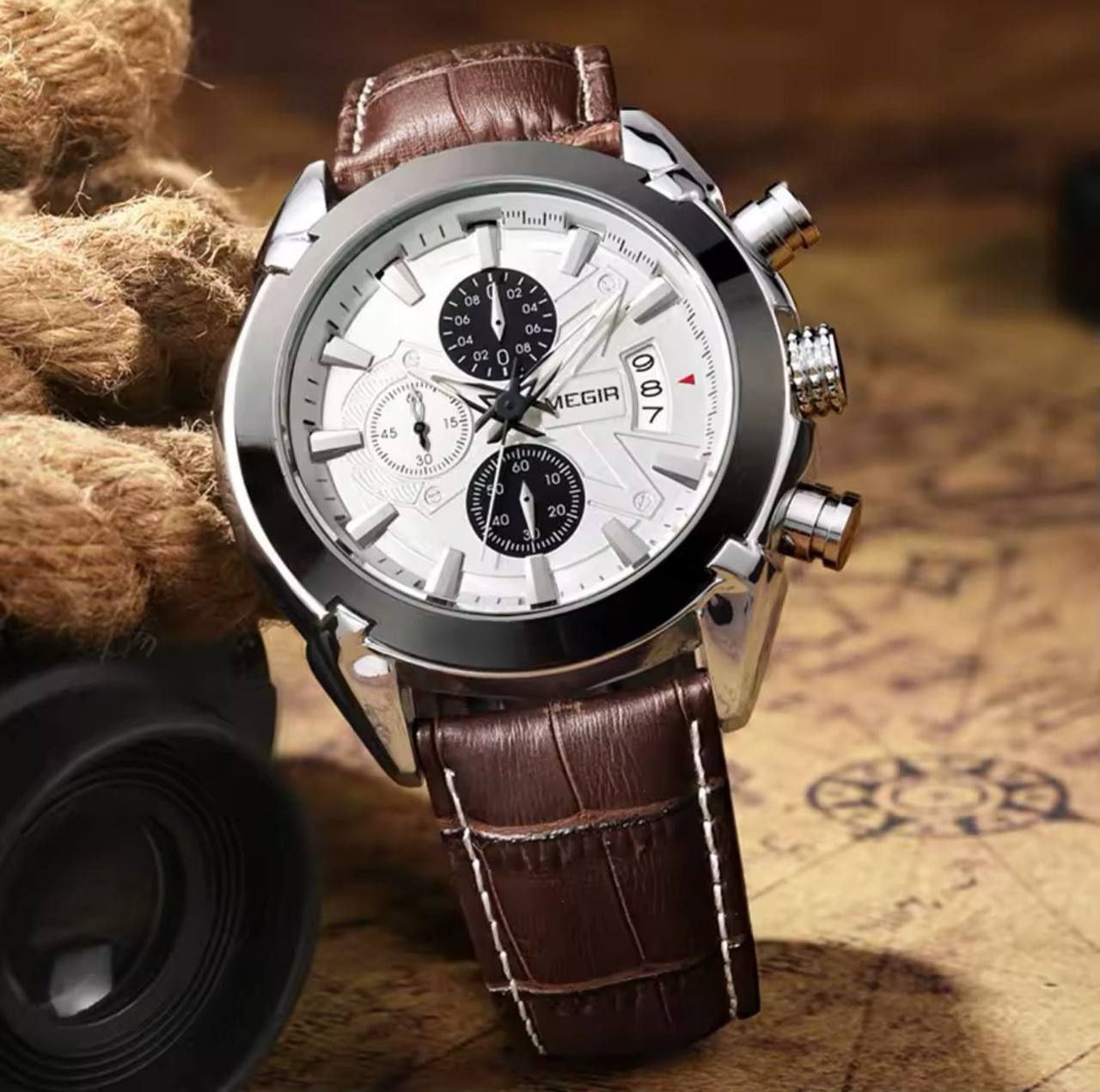 MEGIR CHRONOGRAPH GENTS WATCH BLACK BROWN CHRONOGRAPH MOVEMENT DATE DISPLAY LEATHER STRAP BATTERY POWERED WATER RESISTANT ENGRAVING SERVICES /ENQUIRIES