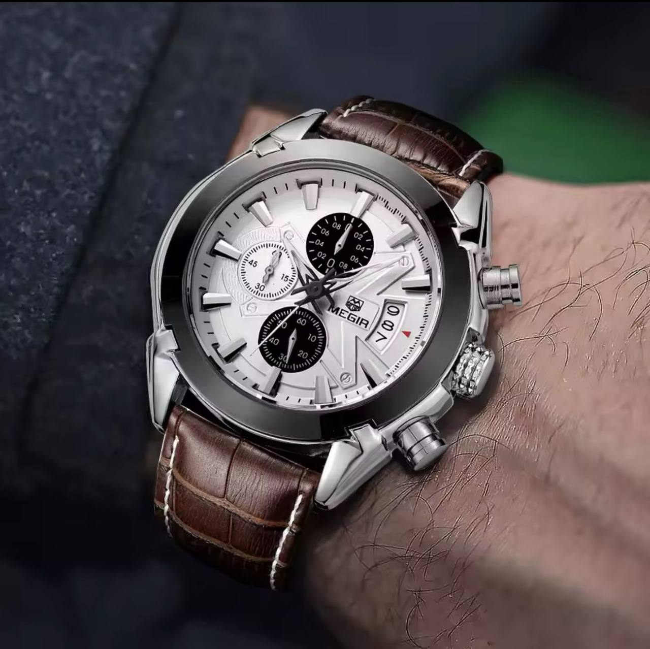 MEGIR CHRONOGRAPH GENTS WATCH BLACK BROWN CHRONOGRAPH MOVEMENT DATE DISPLAY LEATHER STRAP BATTERY POWERED WATER RESISTANT ENGRAVING SERVICES /ENQUIRIES