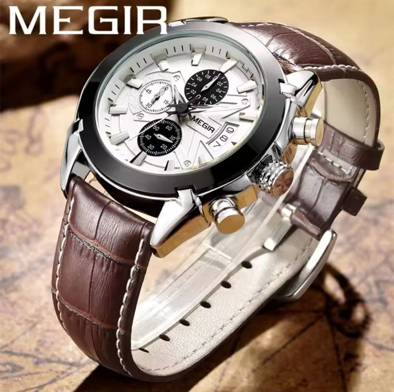 MEGIR CHRONOGRAPH GENTS WATCH BLACK BROWN CHRONOGRAPH MOVEMENT DATE DISPLAY LEATHER STRAP BATTERY POWERED WATER RESISTANT ENGRAVING SERVICES /ENQUIRIES