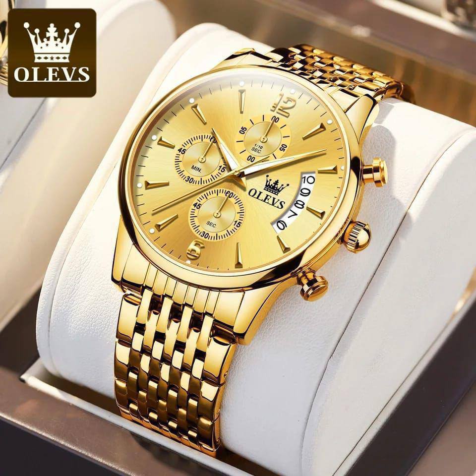 OLEVS CHRONOGRAPH MEN WATCH CHRONOGRAPH MOVEMENT DATE DISPLAY STRONG LUMINOUS FUNCTION BATTERY POWERED STAINLESS STEEL WATER RESISTANT 3 COLOR OPTIONS ENGRAVING SERVICES ENQUIRIES