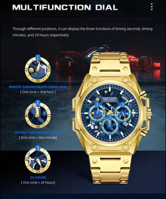 MEGIR CHRONOGRAPH FULL CHRONOGRAPH DATE DISPLAY 5ATM WATER RESISTANT LUMINOUS DIAL ENGRAVING SERVICES AND ENQUIRIES