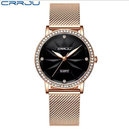 CRRJU LADIES WATCH MESH STRAP STAINLESS STEEL WATER RESISTANT BATTERY POWERED ENGRAVING