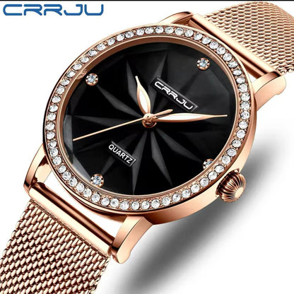 CRRJU LADIES WATCH MESH STRAP STAINLESS STEEL WATER RESISTANT BATTERY POWERED ENGRAVING