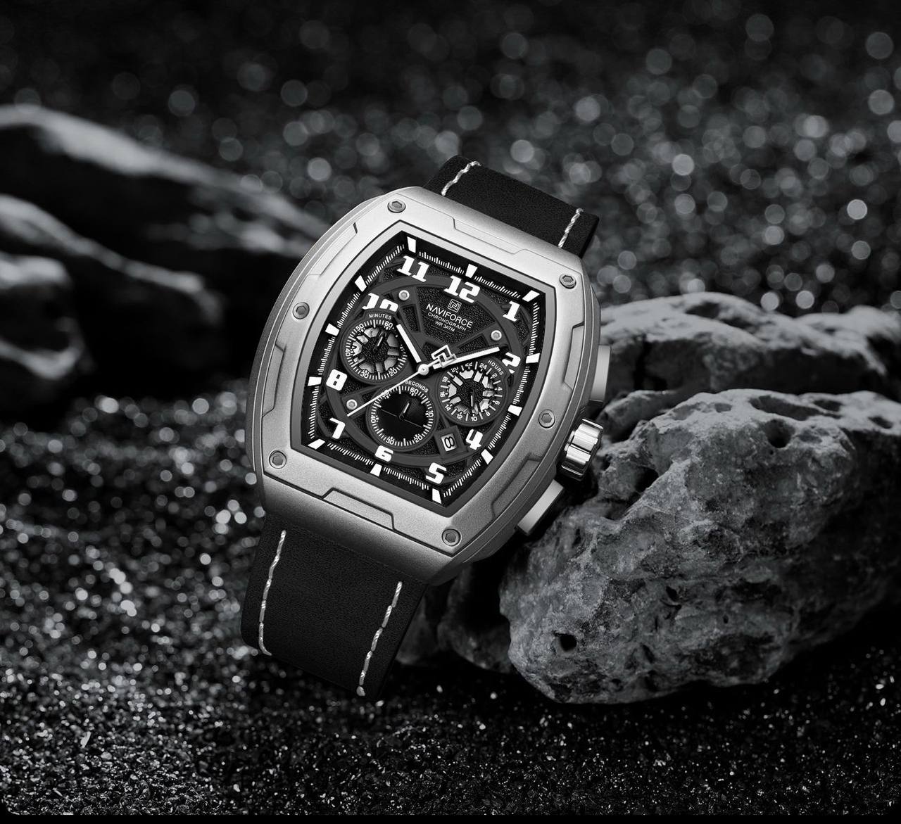 NAVIFORCE GENTS WATCH #NF 8053 CHRONOGRAPH DATE DISPLAY WATER RESISTANT BATTERY POWERED LEATHER STRAP ENGRAVING SERVICES FROM & ENQUIRIES