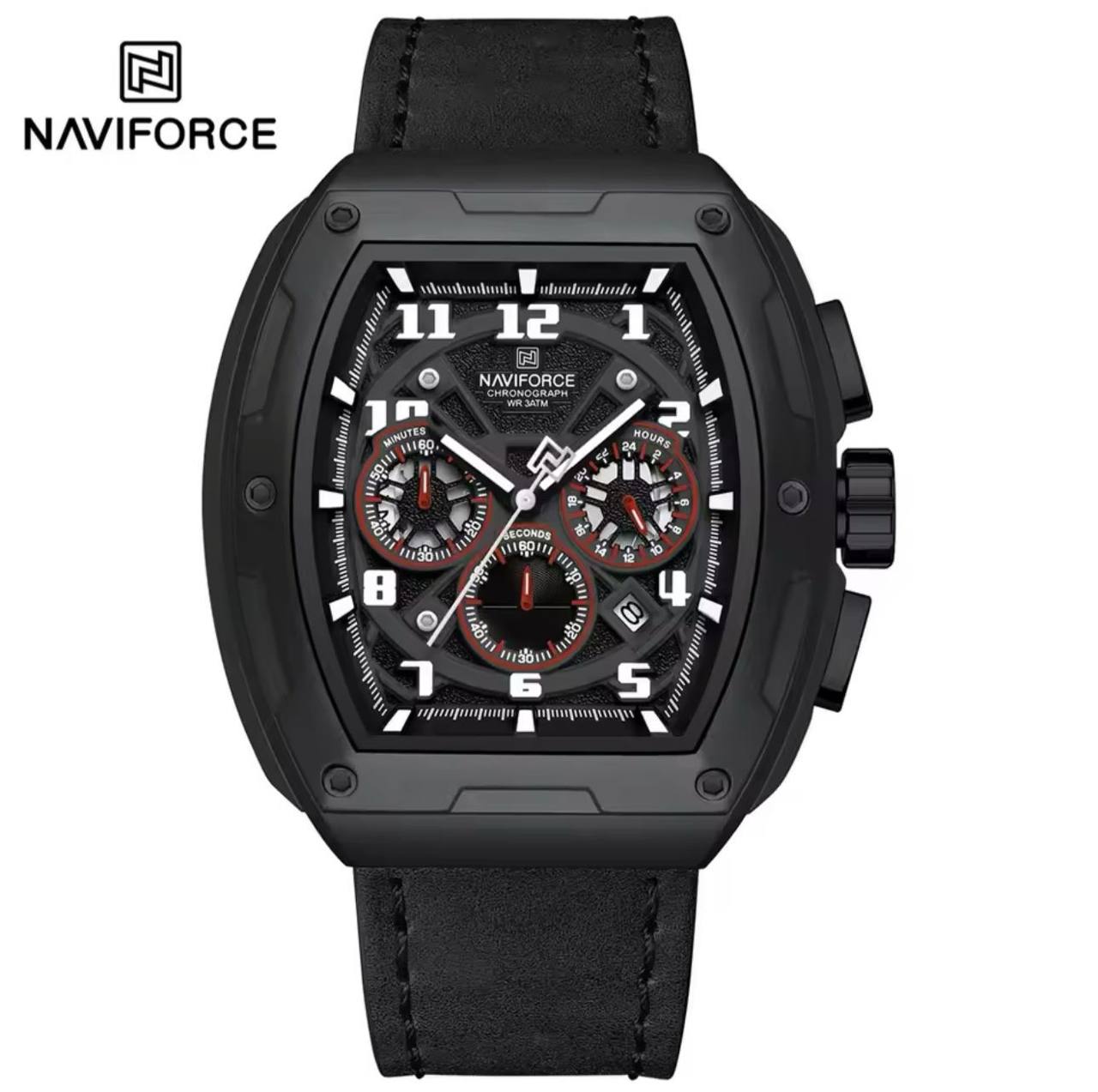 NAVIFORCE GENTS WATCH #NF 8053 CHRONOGRAPH DATE DISPLAY WATER RESISTANT BATTERY POWERED LEATHER STRAP ENGRAVING SERVICES FROM & ENQUIRIES