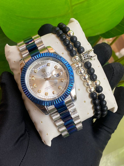 ROLEX GENTS WATCH X BANGLE STAINLESS STEEL WATER RESISTANT DAY&DATE DISPLAY ROLEX BRANDED BOX ENGRAVING SERVICES ENQUIRIES