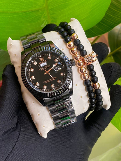 ROLEX GENTS WATCH X BANGLE STAINLESS STEEL WATER RESISTANT DAY&DATE DISPLAY ROLEX BRANDED BOX ENGRAVING SERVICES ENQUIRIES