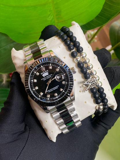 ROLEX GENTS WATCH X BANGLE STAINLESS STEEL WATER RESISTANT DAY&DATE DISPLAY ROLEX BRANDED BOX ENGRAVING SERVICES ENQUIRIES