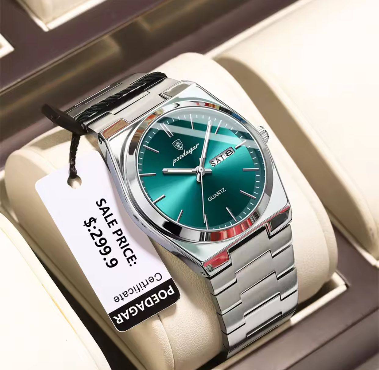 POEDAGAR GENTS WATCH STAINLESS STEEL DAY&DATE DISPLAY WATER RESISTANT BATTERY POWERED ENGRAVING SERVICES ENQUIRIES