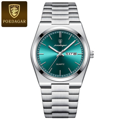 POEDAGAR GENTS WATCH STAINLESS STEEL DAY&DATE DISPLAY WATER RESISTANT BATTERY POWERED ENGRAVING SERVICES ENQUIRIES