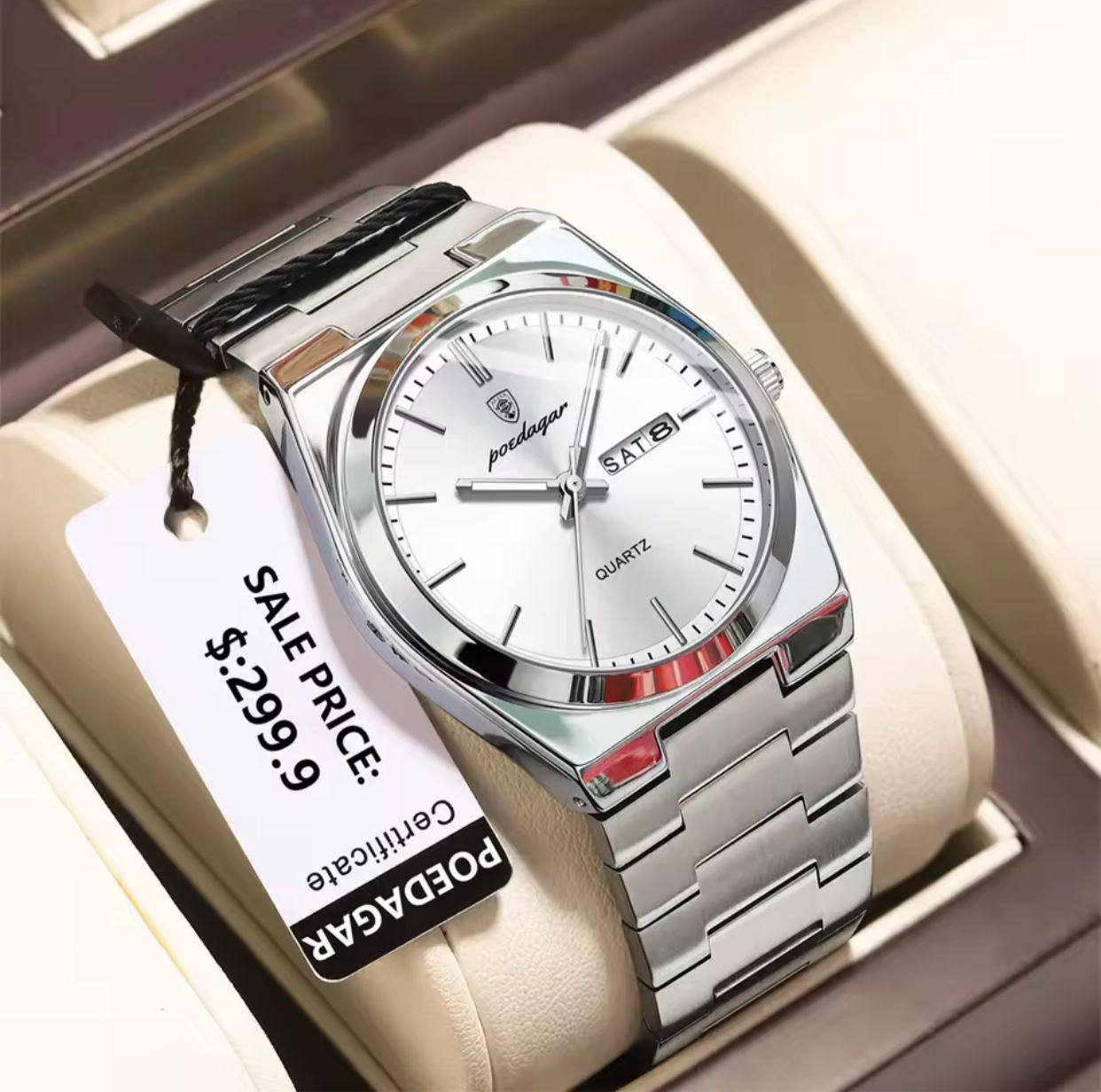 POEDAGAR GENTS WATCH STAINLESS STEEL DAY&DATE DISPLAY WATER RESISTANT BATTERY POWERED ENGRAVING SERVICES ENQUIRIES