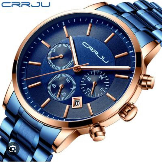 ARRIVALS CRRJU CHRONOGRAPH GENTS WATCH DATE DISPLAY WATER RESISTANT STAINLESS STEEL BATTERY POWERED ⃣2 COLOR OPTIONS ENGRAVING SERVICES ENQUIRIES